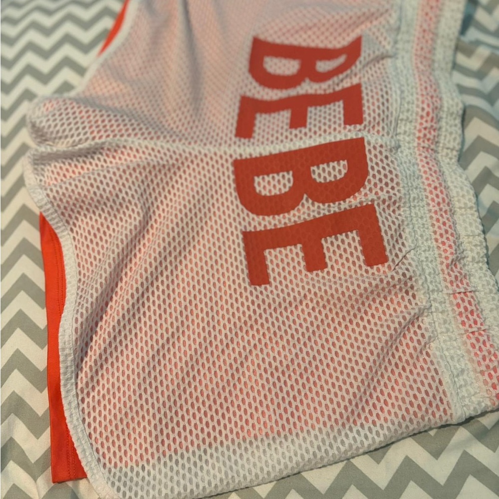 Bebe Red and White Mesh Athletic Shorts